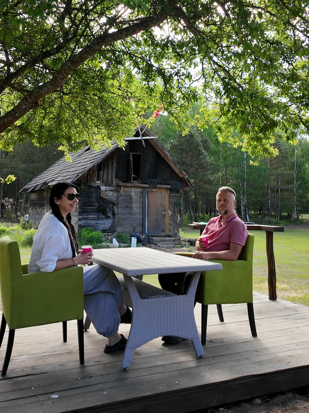 Natalia and Siarhei on the new wooden terrace